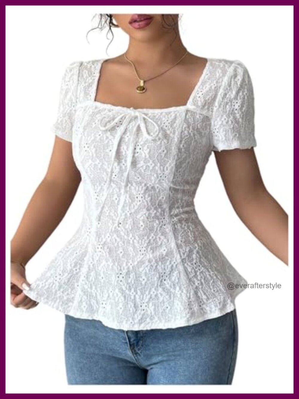Eyelet Embroidery Square Neck Short Sleeve Bow Tie Front Peplum Tee